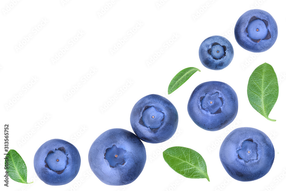 fresh ripe blueberry with leaf isolated on white background with copy space for your text. Top view. Flat lay pattern fresh ripe blueberry with leaf isolated on white background with copy space for your text. Top view. Flat lay pattern
