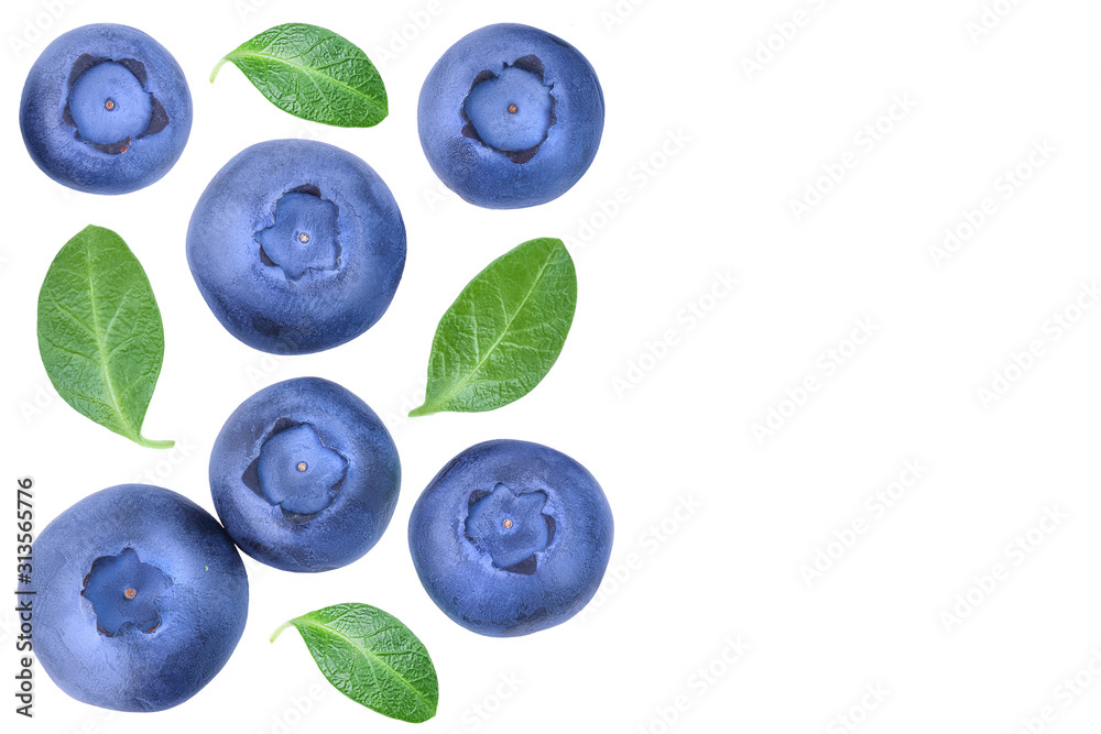 fresh ripe blueberry with leaf isolated on white background with copy space for your text. Top view. Flat lay pattern fresh ripe blueberry with leaf isolated on white background with copy space for your text. Top view. Flat lay pattern