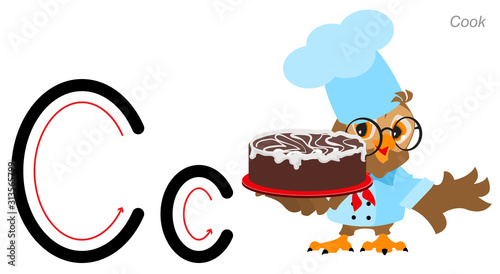 English alphabet picture letter for kids. English language abc. Owl cook hold cake