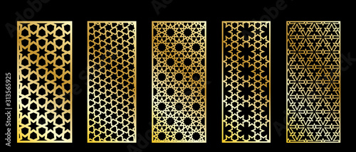 Cutout silhouette panels set with ornamental geometric arabic pattern. Template for printing, laser cutting stencil, engraving. Vector illustration. photo