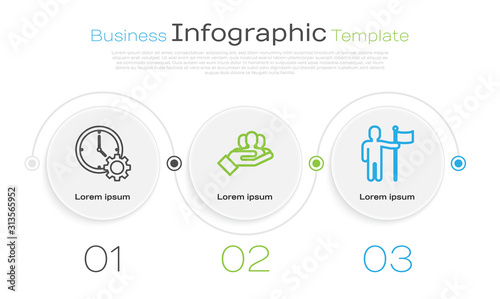 Set line Time Management, Project team base and Man holding flag. Business infographic template. Vector