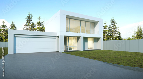 Fototapeta Naklejka Na Ścianę i Meble -  Perspective of luxury modern house with lawn grass, garage entrance on pine tree background, Idea of architecture design. 3D rendering
