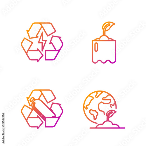 Set line Earth globe and plant, Recycling plastic bottle, Battery with recycle symbol and Sprout in bottle. Gradient color icons. Vector