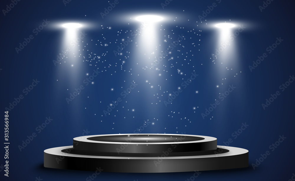 Realistic 3d Light Box with platform background for design performance, show, exhibition. Vector illustration of Lightbox Studio Interior. Podium with spotlights. Realistic 3d Light Box with platform background for design performance, show, exhibition. Vector illustration of Lightbox Studio Interior. Podium with spotlights.