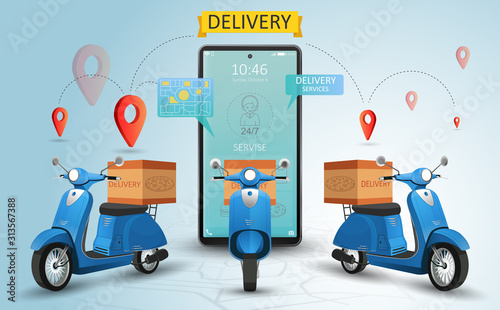 Online delivery service by scooter. Shopping website on a mobile. Food order concept. Web Banner, app template. Vector illustration