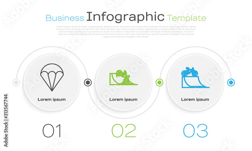 Set line Parachute, Bicycle on street ramp and Bicycle on street ramp. Business infographic template. Vector