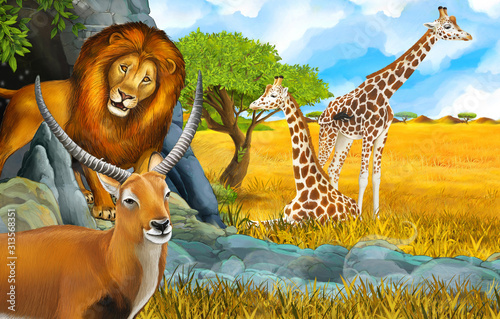 cartoon safari scene with lion and giraffe on the meadow near some mountain illustration for children