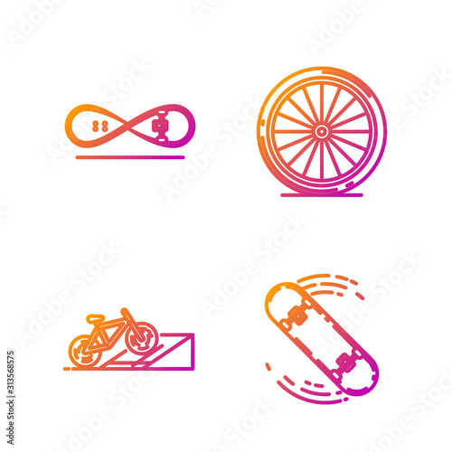 Set line Skateboard trick, Bicycle on street ramp, Skateboard trick and Bicycle wheel. Gradient color icons. Vector