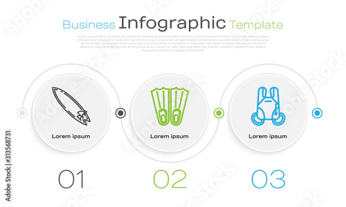Set line Surfboard, Rubber flippers for swimming and Parachute. Business infographic template. Vector