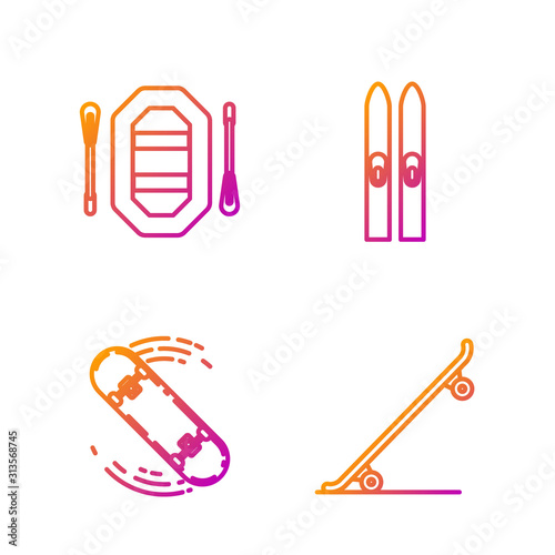 Set line Skateboard, Skateboard trick, Rafting boat and Ski and sticks. Gradient color icons. Vector