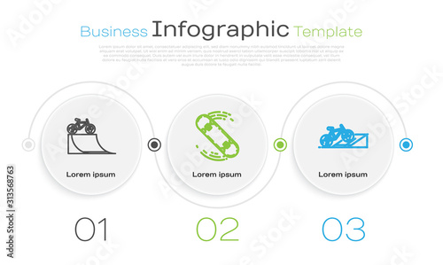 Set line Bicycle on street ramp, Skateboard trick and Bicycle on street ramp. Business infographic template. Vector