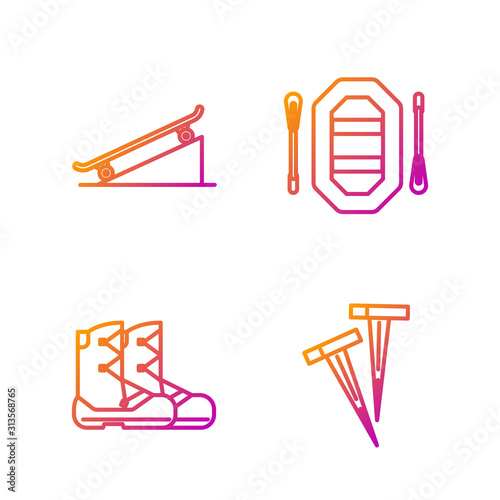 Set line Pegs for tents, Boots, Skateboard on street ramp and Rafting boat. Gradient color icons. Vector