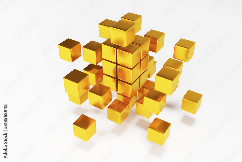 Business concept, 3D gold block cubes on dark background. 3D rendering