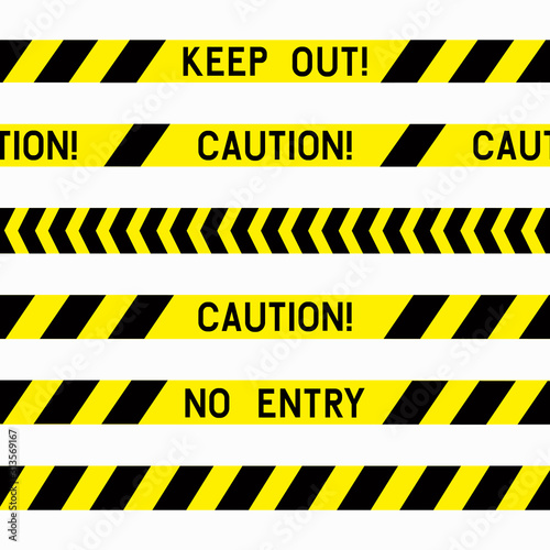 Set of police tapes. Concept of black and yellow tapes for fencing crime. Vector objects on a white background.