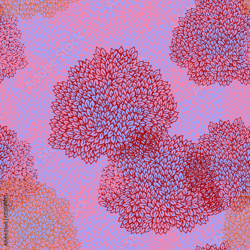 Pink, burgundy, ocher contours of foliage on a purple background