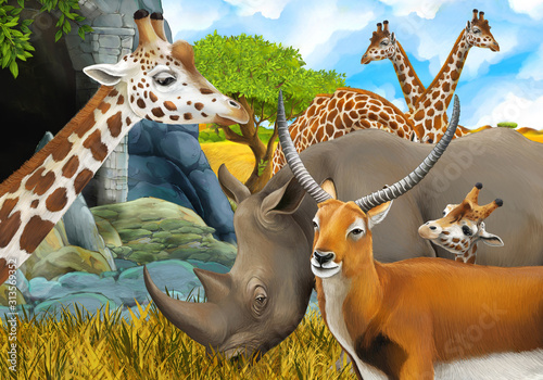 cartoon safari scene with rhino and giraffe on the meadow near some mountain illustration for children