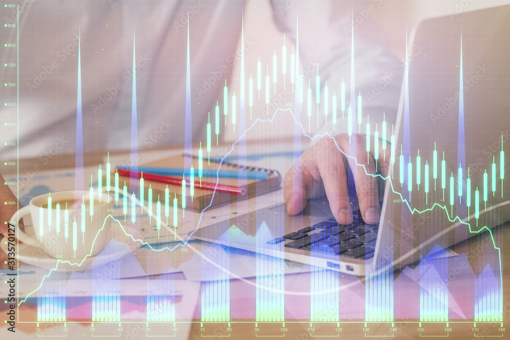 Forex graph with businessman working on computer in office on background. Concept of hardworking. Multi exposure. Forex graph with businessman working on computer in office on background. Concept of hardworking. Multi exposure.