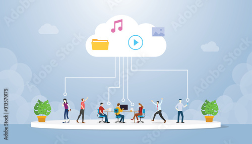 cloud computing technology with various people save data in cloud server with modern flat style - vector