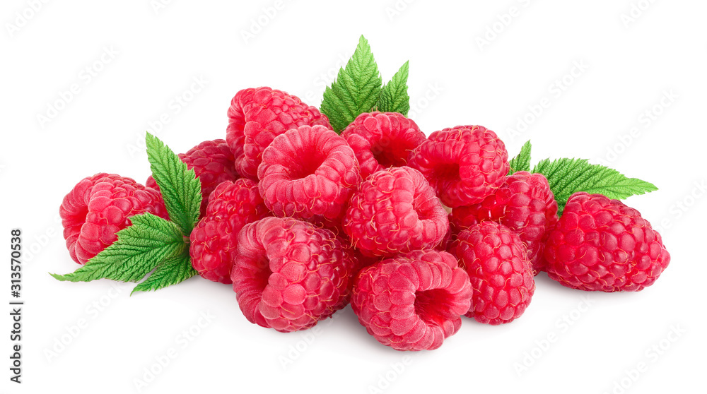 Ripe raspberries with leaf isolated on a white background Ripe raspberries with leaf isolated on a white background