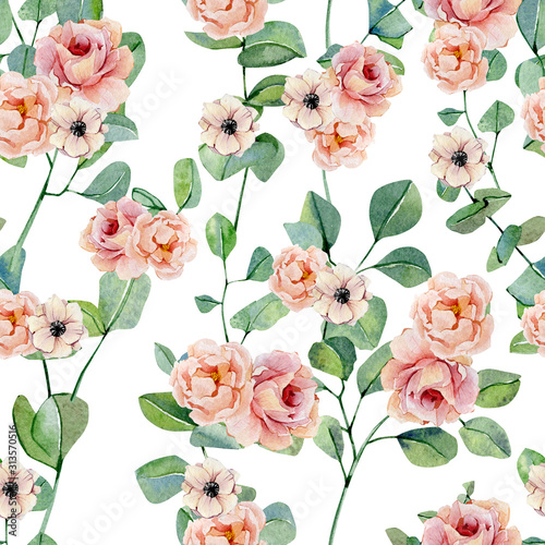 Watercolor hand painted eucalyptus and flowers seamless pattern . Greenery branches and leaves isolated on white background.  Floral illustration for wrapping paper  print and textile fabric