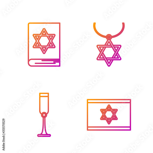 Set line Flag of Israel, Jewish goblet, Jewish torah book and Star of David necklace on chain. Gradient color icons. Vector