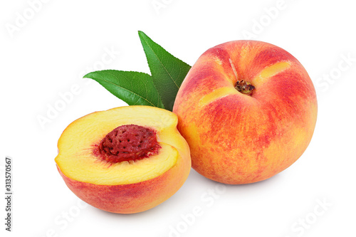 Ripe peach fruit and half with leaf isolated on white background