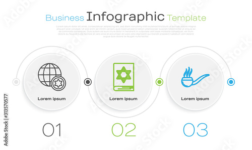 Set line World Globe and Israel, Jewish torah book and Smoking pipe with smoke. Business infographic template. Vector