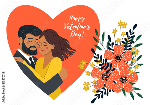 Isolated on white background hugging couple in heart and bouquet of flowers. Cute valentines day vector illustration