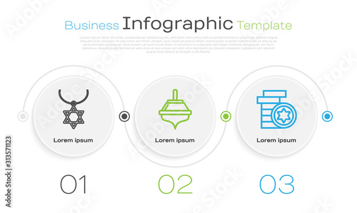 Set line Star of David necklace on chain, Hanukkah dreidel and Jewish coin. Business infographic template. Vector photo