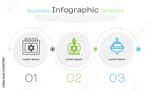 Set line Jewish calendar with star of david, Burning candle in candlestick with star of david and Hanukkah dreidel. Business infographic template. Vector