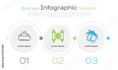 Set line Jewish sweet bakery, Torah scroll and Olives branch. Business infographic template. Vector
