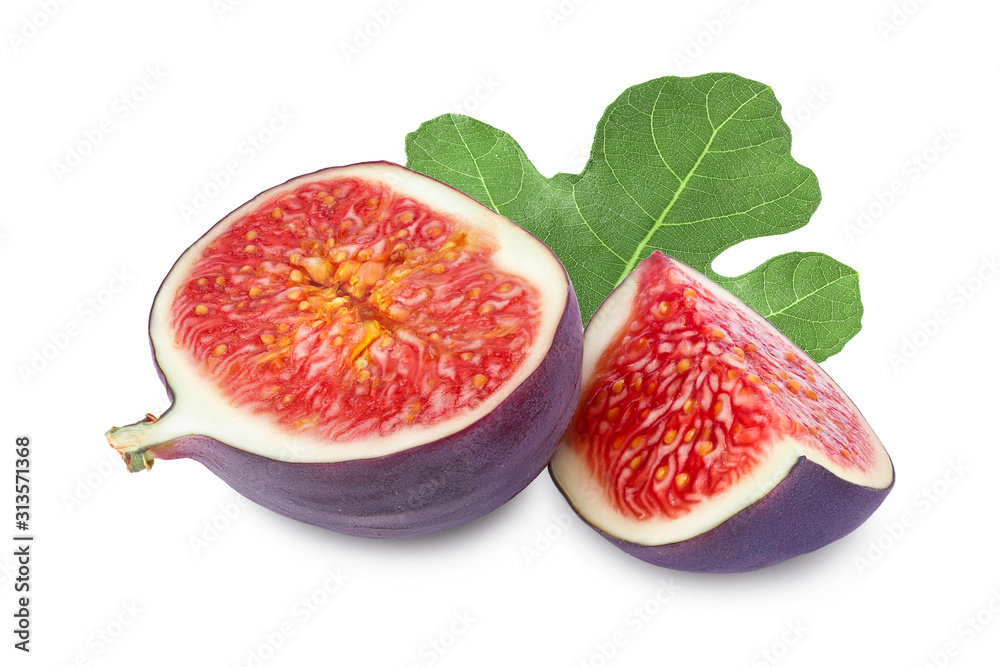 Fresh fig slice fruit with leaf isolated on white background Fresh fig slice fruit with leaf isolated on white background