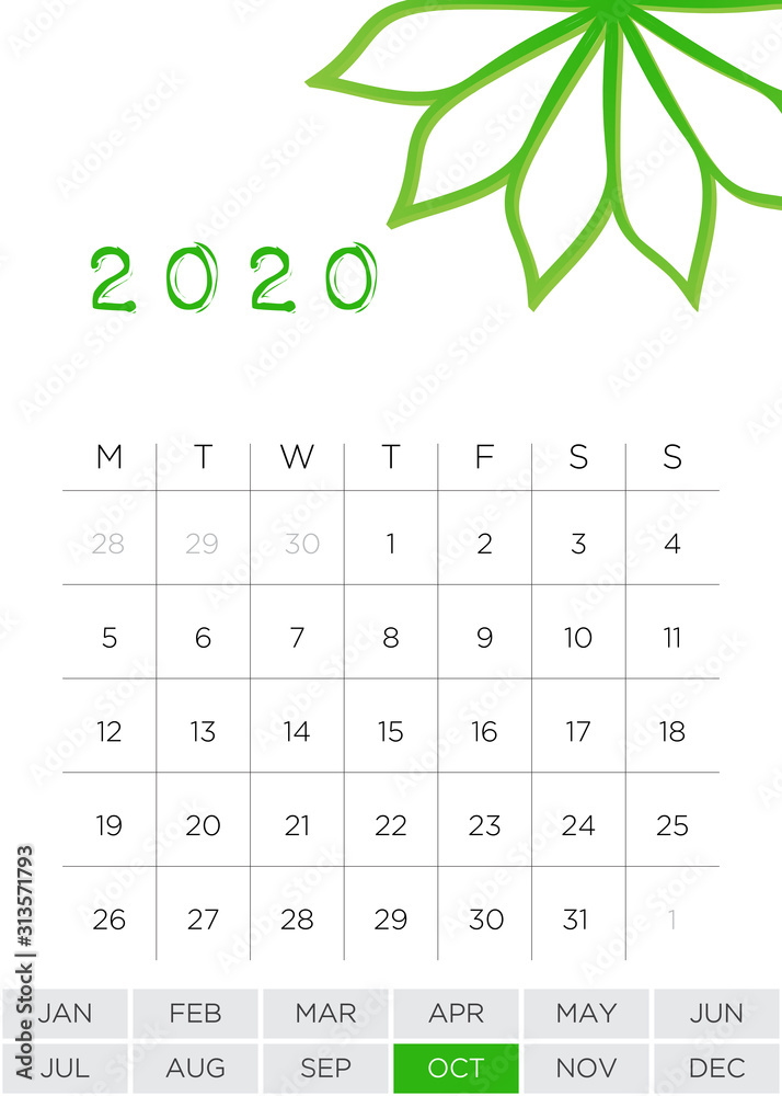 Simple Monthly Calendar October 2020 Stock Vector | Adobe Stock