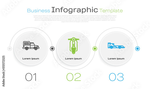 Set line Delivery cargo truck vehicle, Scooter and Formula race car. Business infographic template. Vector