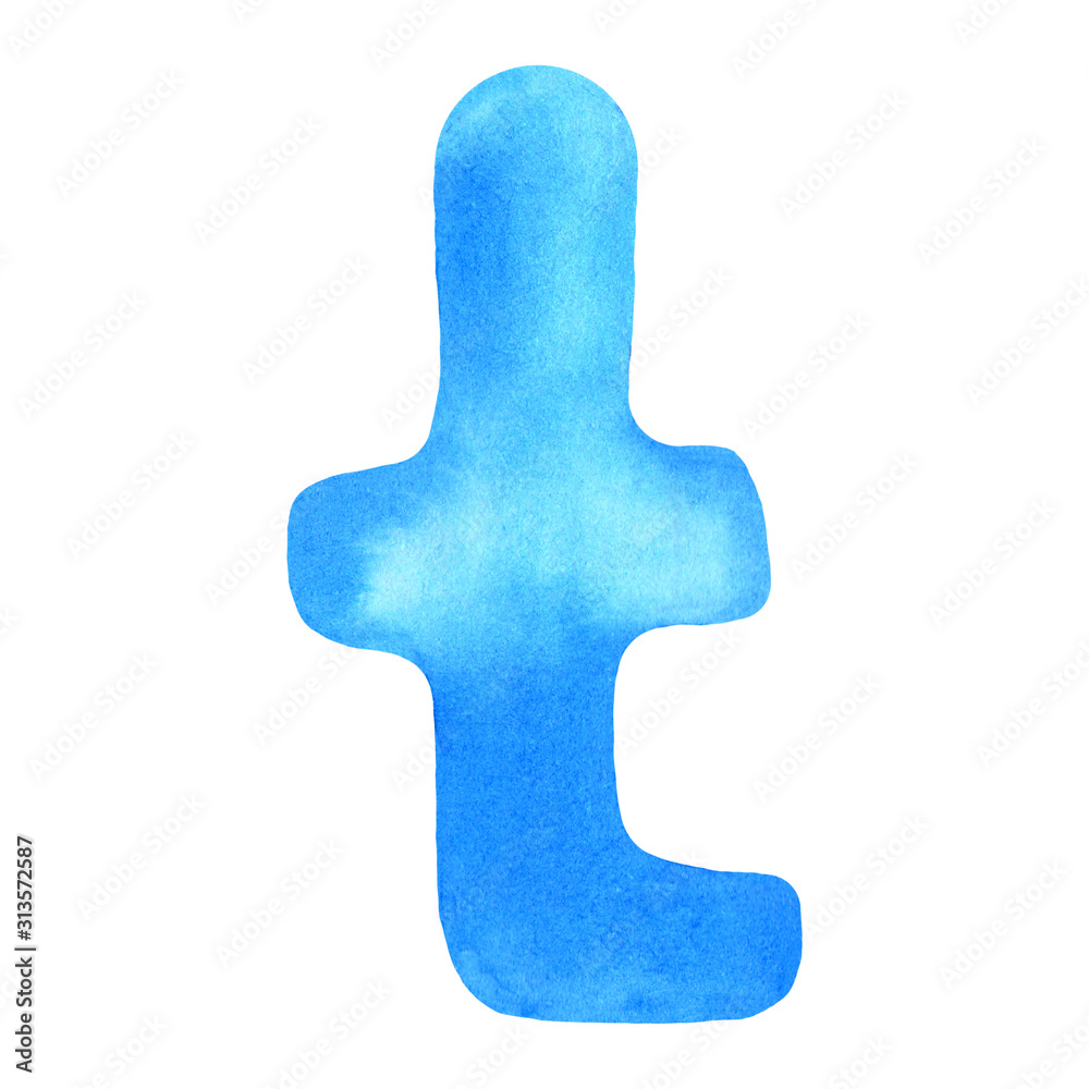 Monogram letter T made of watercolor. Classic blue hand drawn alphabet