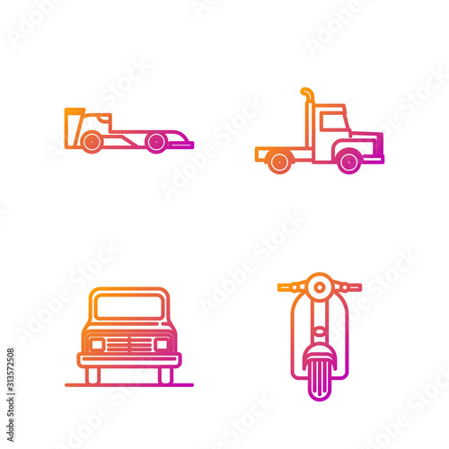 Set line Scooter, Car, Formula race car and Delivery cargo truck vehicle. Gradient color icons. Vector