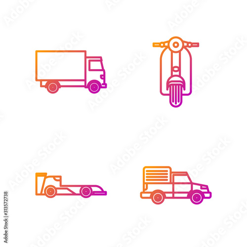 Set line Delivery cargo truck vehicle, Formula race car, Delivery cargo truck vehicle and Scooter. Gradient color icons. Vector