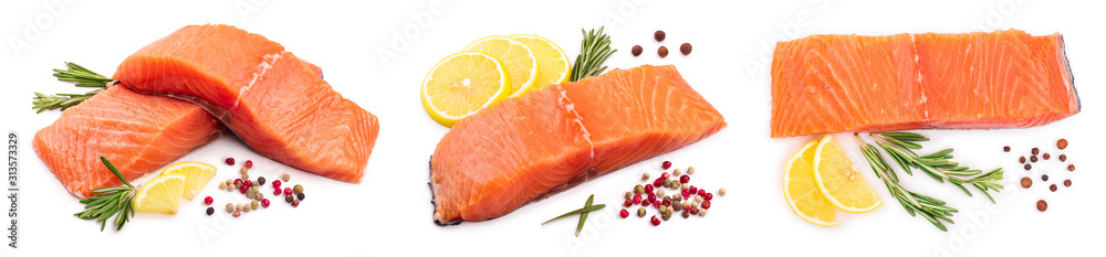 fillet of red fish salmon with lemon and rosemary isolated on white background. Top view. Flat lay. Set or collection