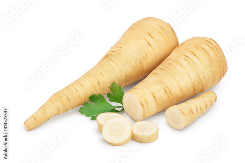 Parsnip root and slices with parsley isolated on white background with clipping path