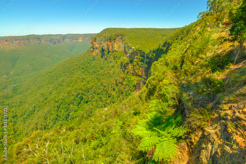 Blue Mountains National Park landscape views along the most impressive walking trail of Grand Canyon Walk. New South Wales, Australia.