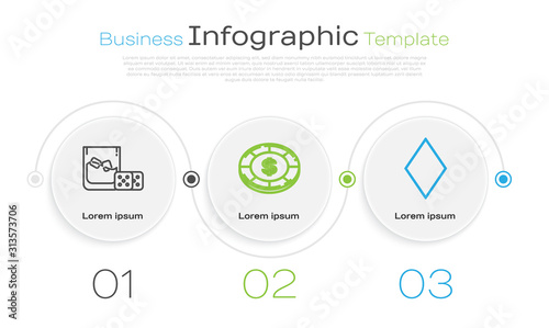 Set line Game dice and glass of whiskey with ice cubes, Casino chip with dollar symbol and Playing card with diamonds symbol. Business infographic template. Vector
