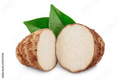 fresh taro root half with leaf isolated on white background photo