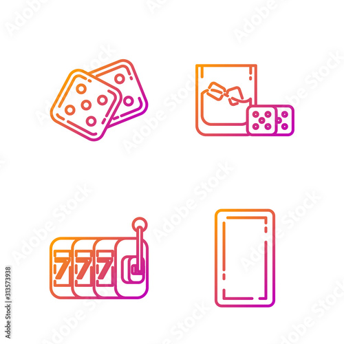 Set line Playing card back, Slot machine with lucky sevens jackpot, Game dice and Game dice and glass of whiskey with ice cubes. Gradient color icons. Vector