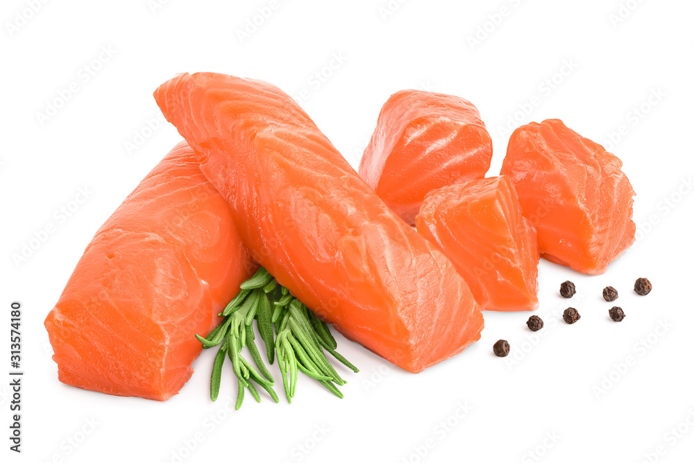 raw salmon piece cube with rosemary and peppercorn isolated on white background close up raw salmon piece cube with rosemary and peppercorn isolated on white background close up