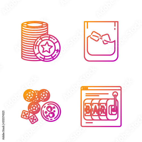 Set line Online slot machine, Casino chips, game dice and glass of whiskey with ice cubes, Casino chips and Glass of whiskey and ice cubes. Gradient color icons. Vector