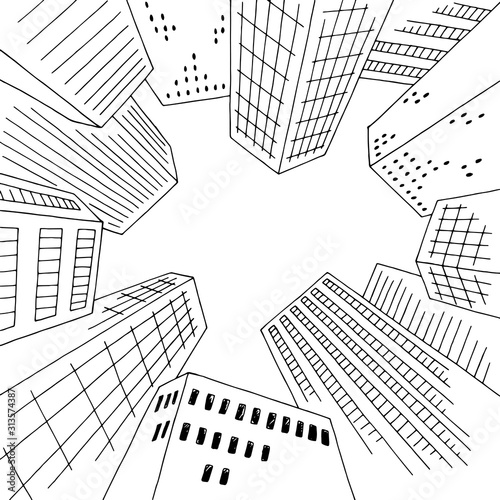 Looking up city graphic black white cityscape sketch illustration vector