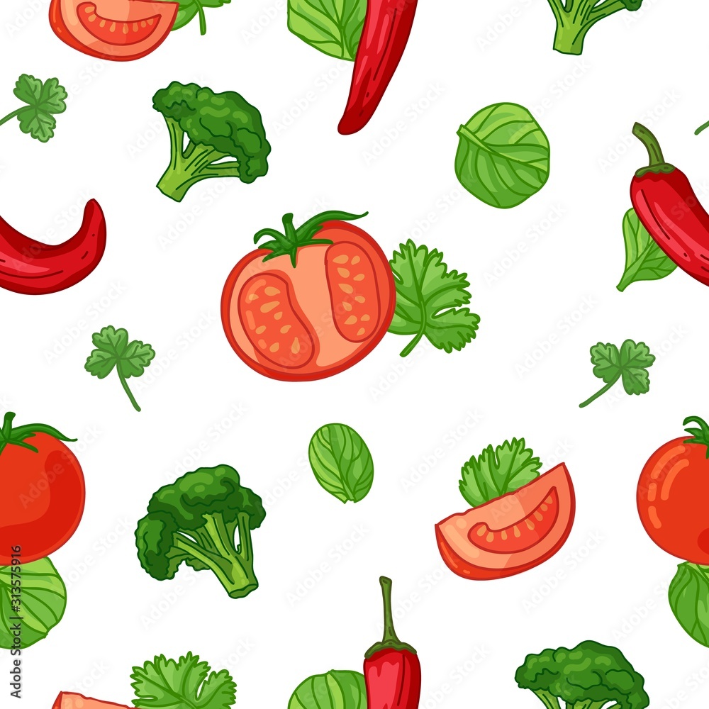 Seamless design food pattern. Wallpaper with vegetable organic food. Backdrop for fabric and textile design with tomato, broccoli, spinach and pepper. Background with nature fresh food. Vector Seamless design food pattern. Wallpaper with vegetable organic food. Backdrop for fabric and textile design with tomato, broccoli, spinach and pepper. Background with nature fresh food. Vector