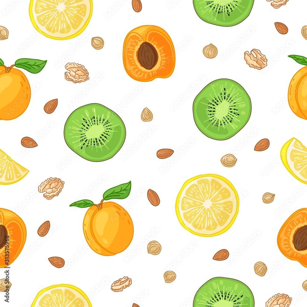 Seamless design fruit pattern. Wallpaper with organic food. Backdrop for fabric and textile design with kiwi, apricot and lemon slice. Background with nature fresh tropical fruit for recipe. Vector Seamless design fruit pattern. Wallpaper with organic food. Backdrop for fabric and textile design with kiwi, apricot and lemon slice. Background with nature fresh tropical fruit for recipe. Vector