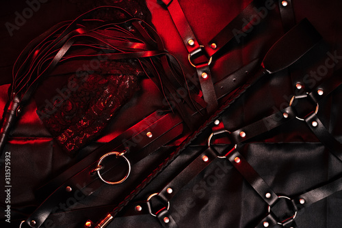 BDSM set with leather whip, belt and choker photo