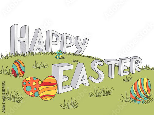 Happy Easter egg text letter grass hill graphic color landscape background sketch illustration vector